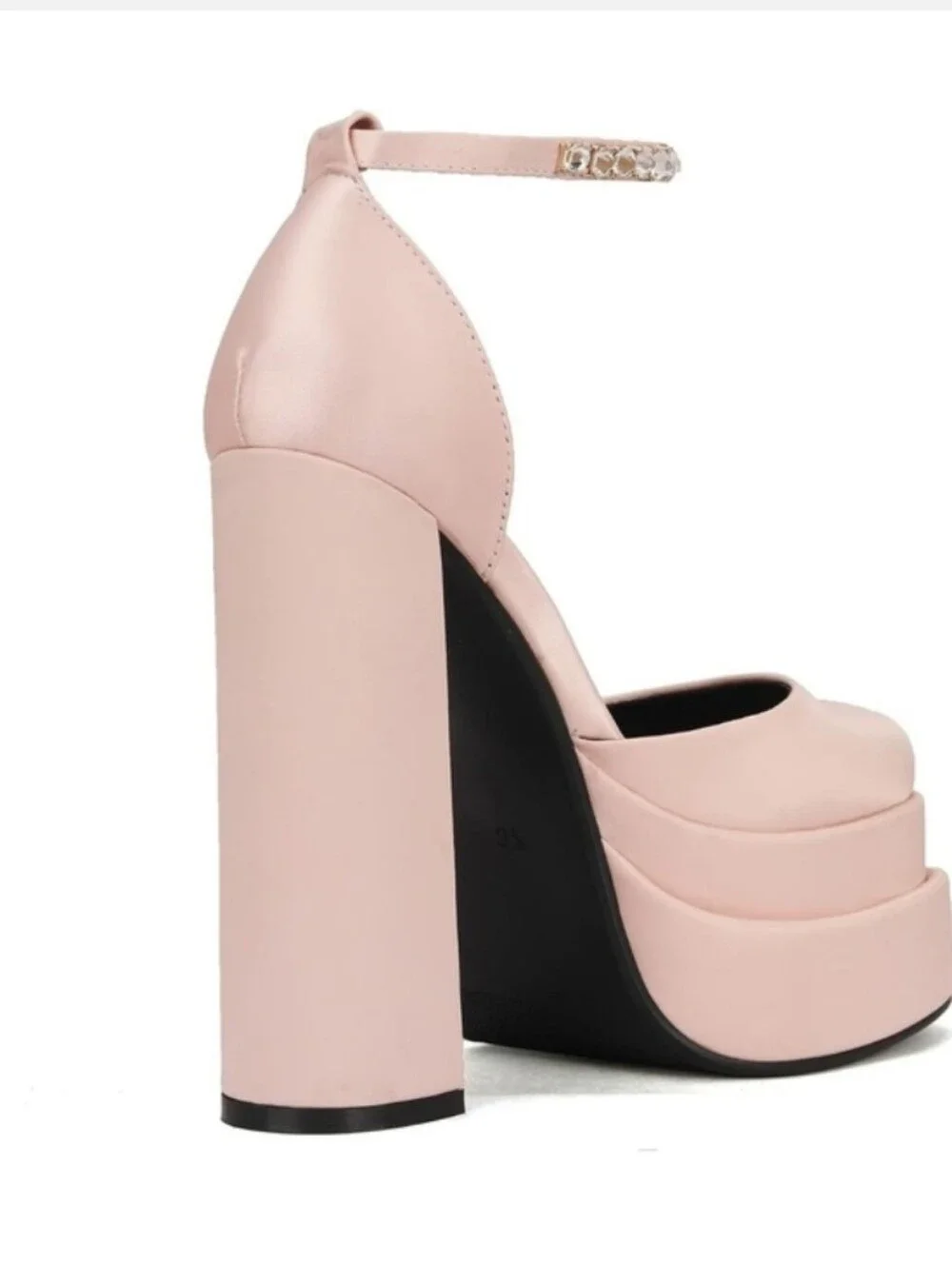 Platform Block Heel Sandals with Gemstone Ankle Strap - Pink
